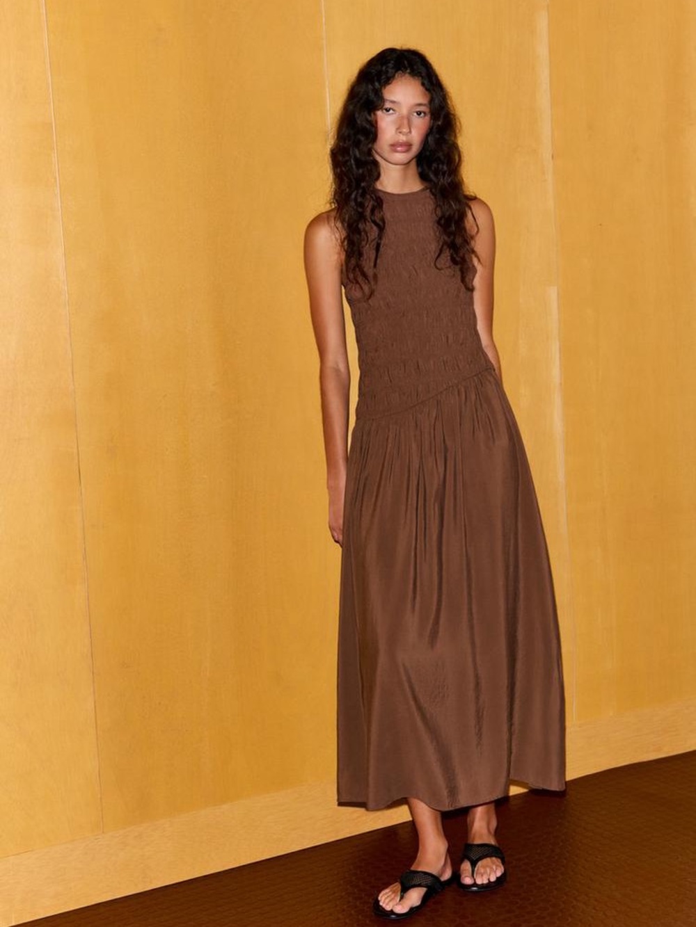 Zara Brown Sleeveless Smocked Maxi Dress